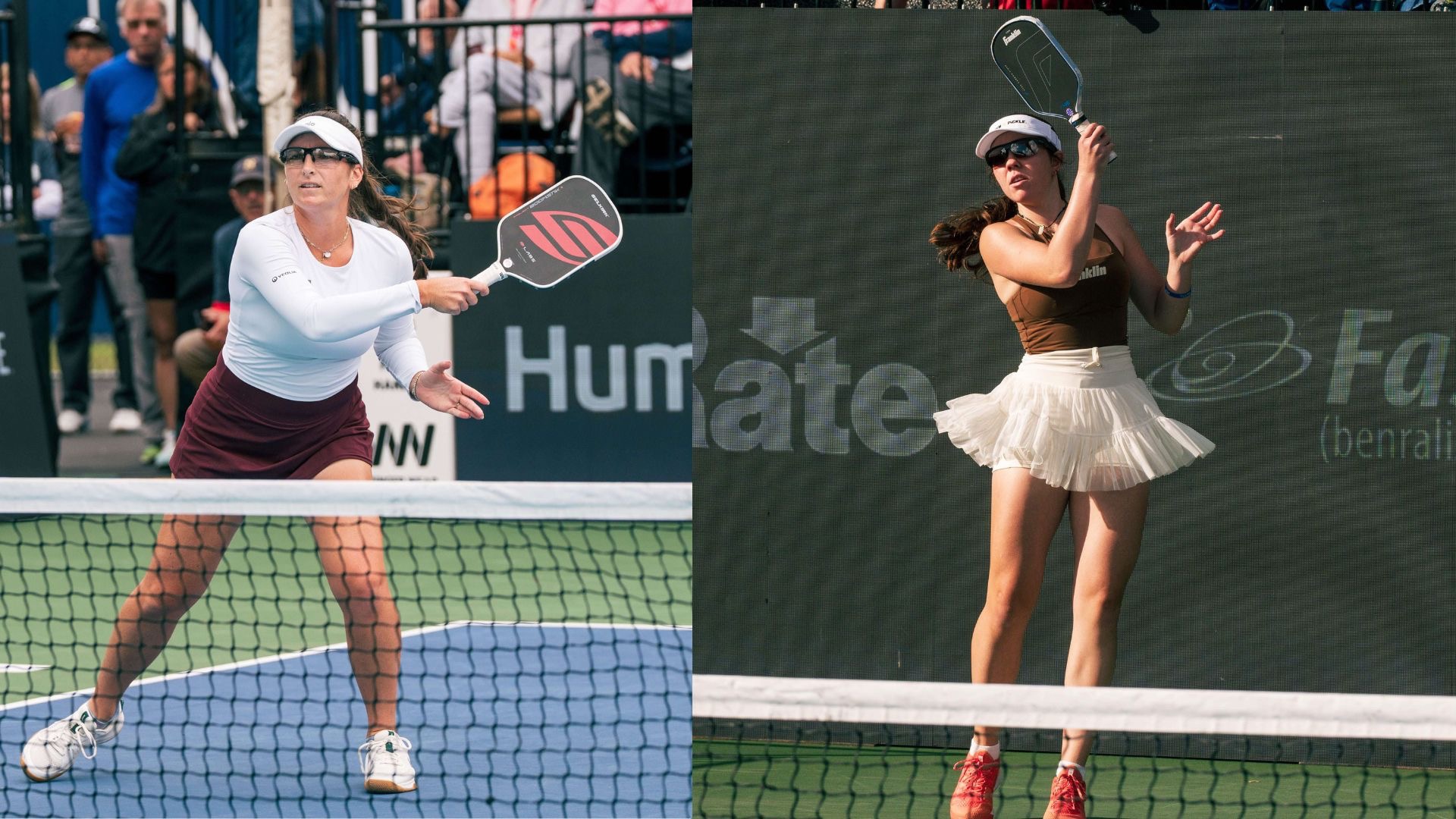 Rohrabacher in a dark red skirt and white top, and Johnson in a brown shirt and white skirt